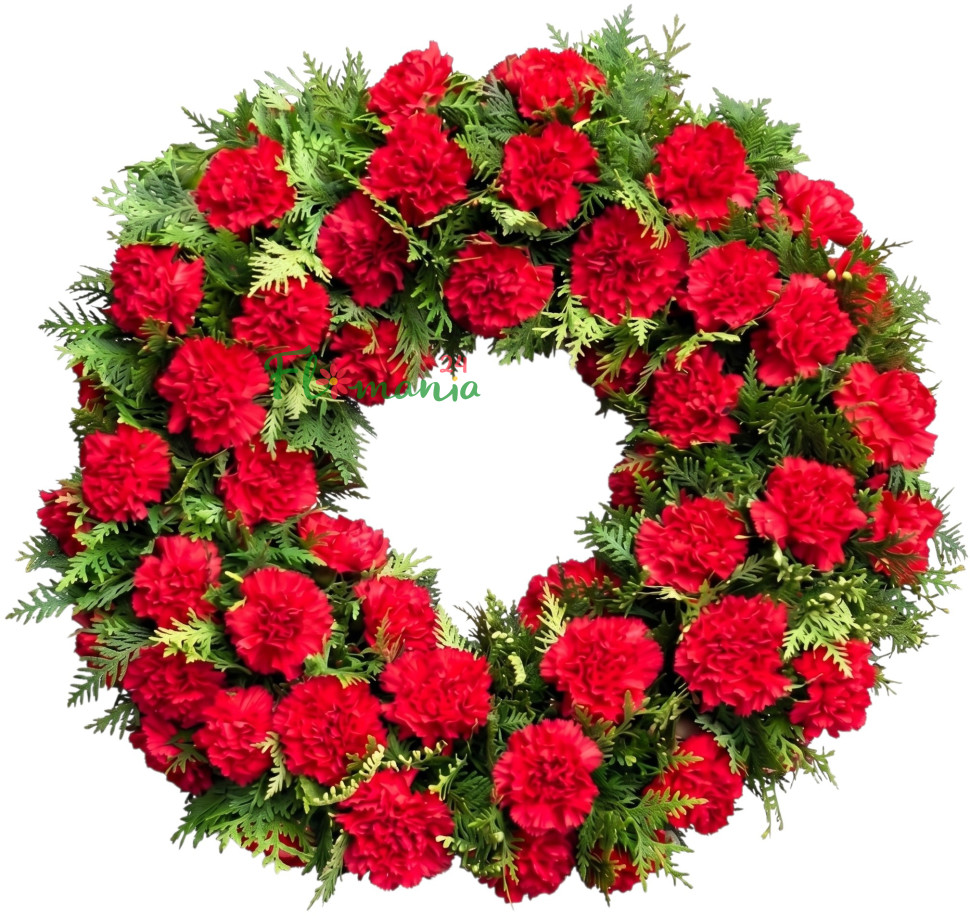 Траурный круглый венок из красных гвоздик