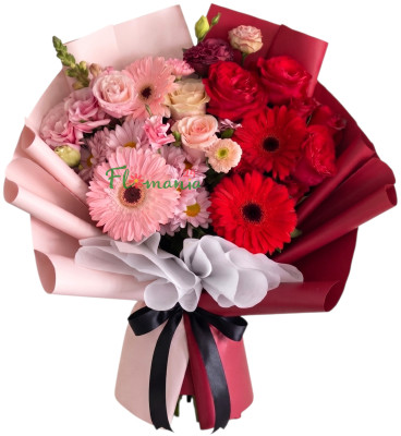 Букет с герберами и пионовидными розами «Слияние чувств»
